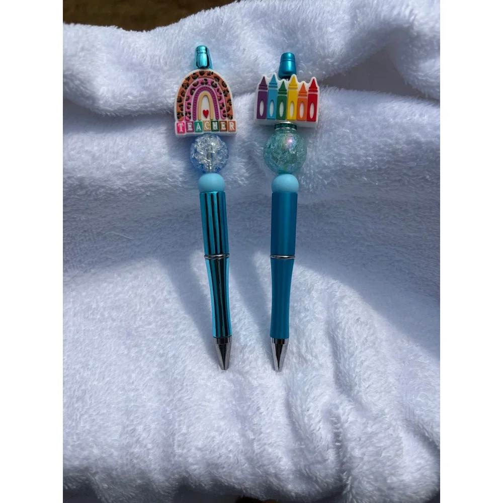 Teacher Appreciation Beaded Pens Set Rainbow Crayon Blue Silicone Focal 2pc